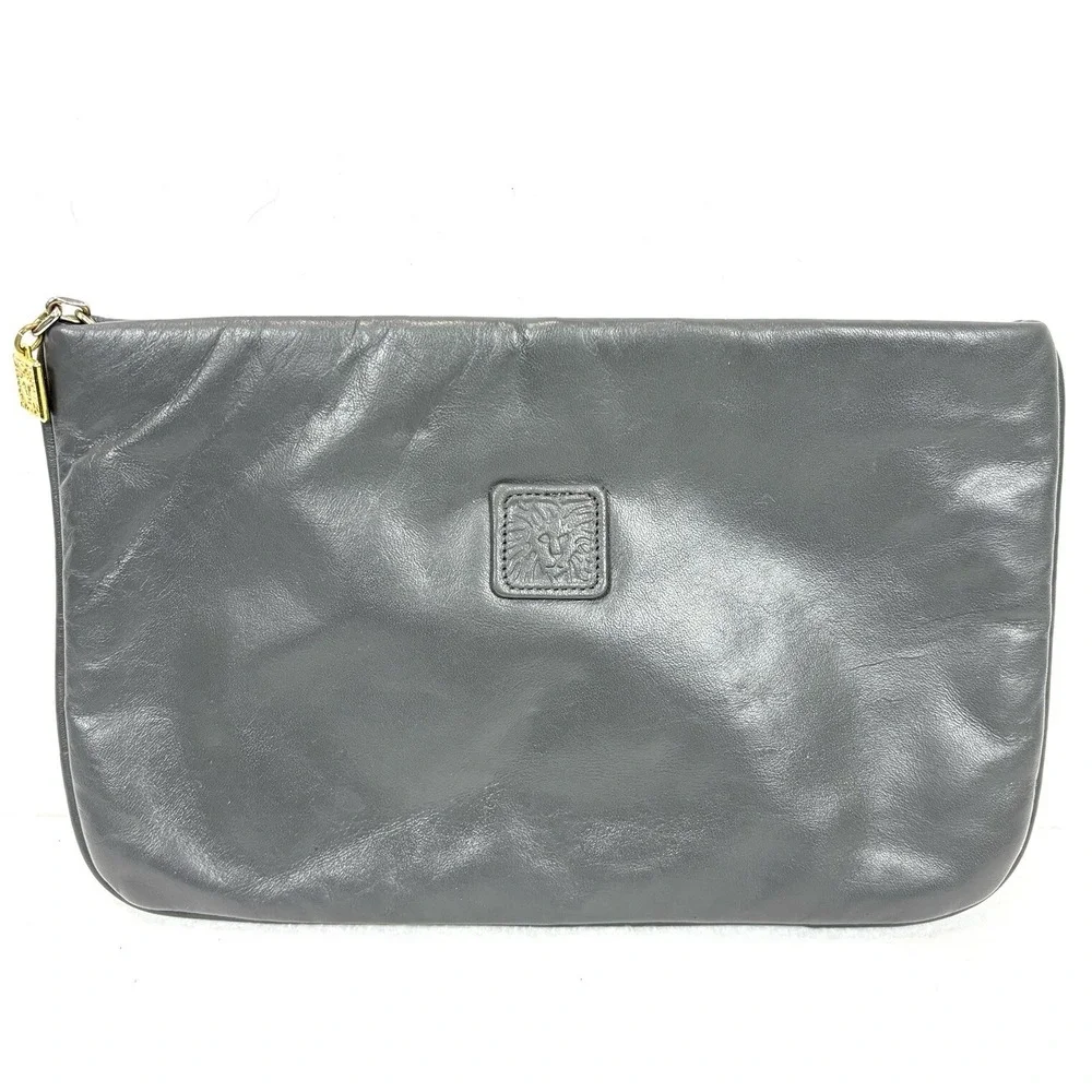Vintage ANNE KLEIN for CALDERON Small Gray Pewter Soft Leather Clutch Handbag